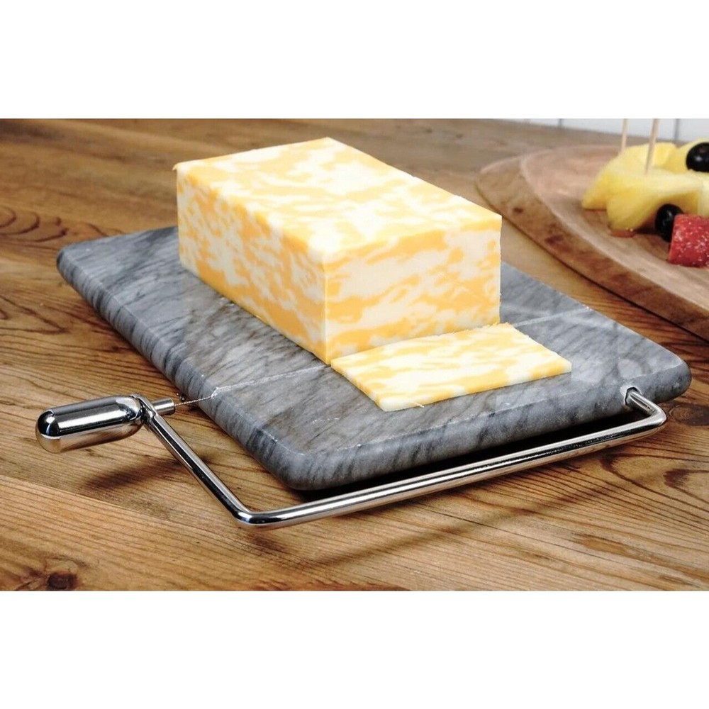 RSVP Natural Grey Marble Cheese Slicer Board 8”x5” Stainless Steel Wire Cutter - Picture 5 of 8